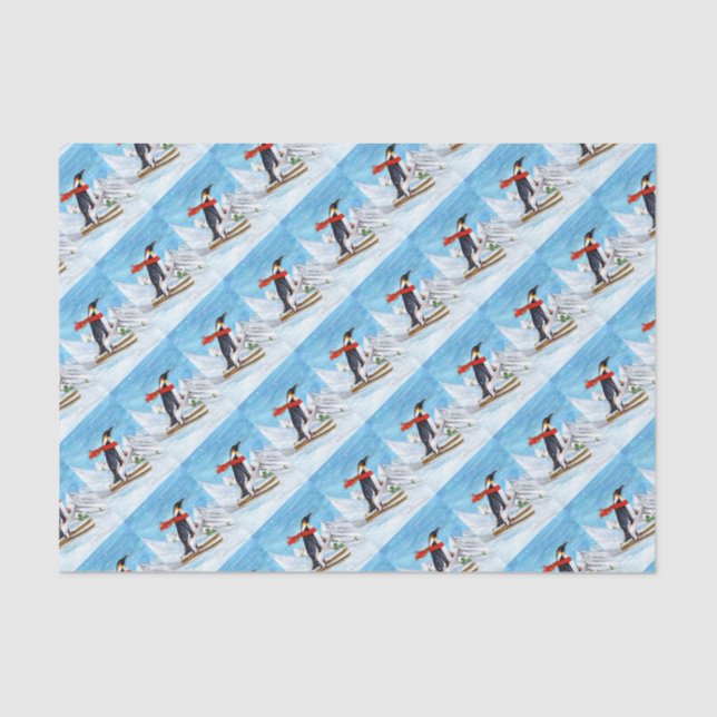Vintage Style Penguin Downhill Skiing Tissue Paper (Front)