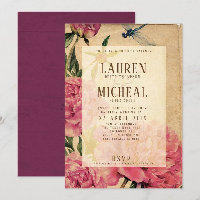 Vintage Style Peony & Dragonfly Wedding Invitation (Front/Back)