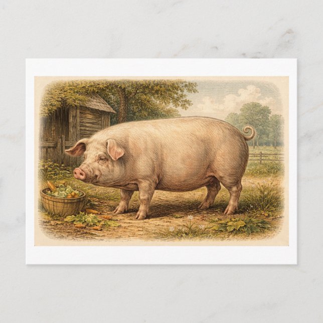 Vintage-Style Pig Illustration Postcard (Front)