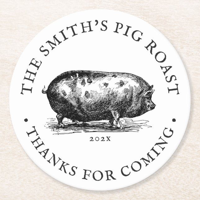 Vintage Style | Pig Roast Party Round Paper Coaster (Front)