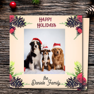 Vintage Style Pine Cone & Berries Christmas Photo  Holiday Card