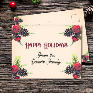 Vintage Style Pine Cone & Berries Christmas Postcard