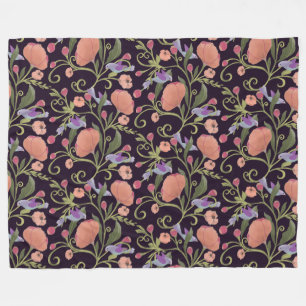 Vintage style pink and orange flowers vines birds fleece blanket