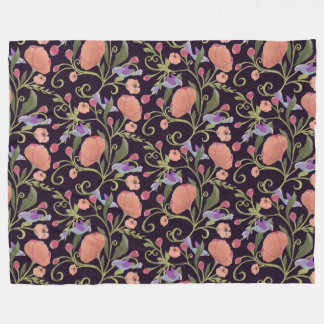Vintage style pink and orange flowers vines birds fleece blanket
