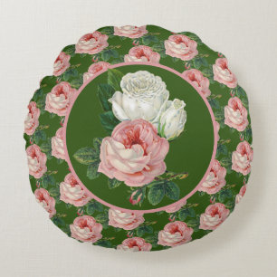 Vintage Style Pink and White Rose Pattern Round Cushion