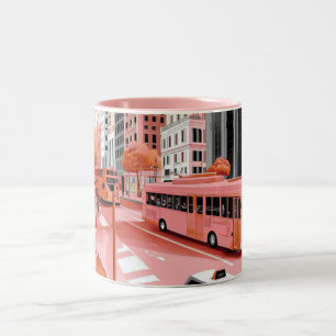 Vintage-style pink bus in a cityscape, reminisce Two-Tone coffee mug