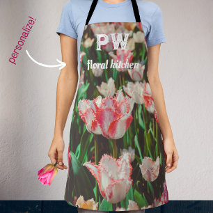 Vintage style pink fringed tulips apron