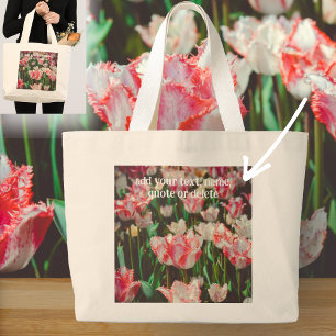 Vintage style pink fringed tulips large tote bag