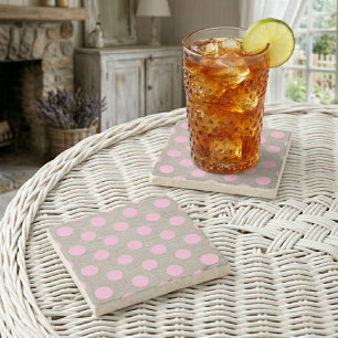 Vintage Style Pink Polka Dots on Burlap Stone Coaster