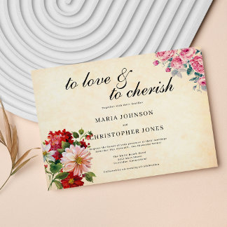 Vintage Style Pink Red Floral Black Script wedding Invitation