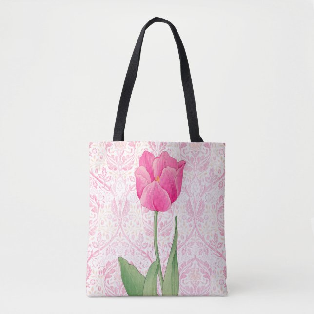 Vintage Style Pink Tulip Flower Tote Bag (Front)