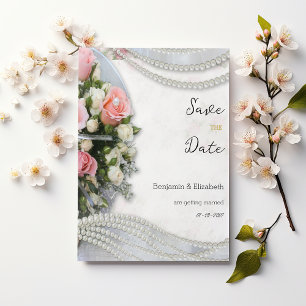Vintage style pink white rose pearl Save the Date Invitation