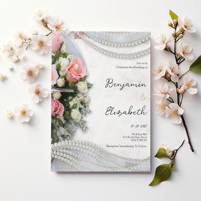 Vintage style pink white rose pearl Wedding Invitation (Vintage style pink white rose pearl Wedding)
