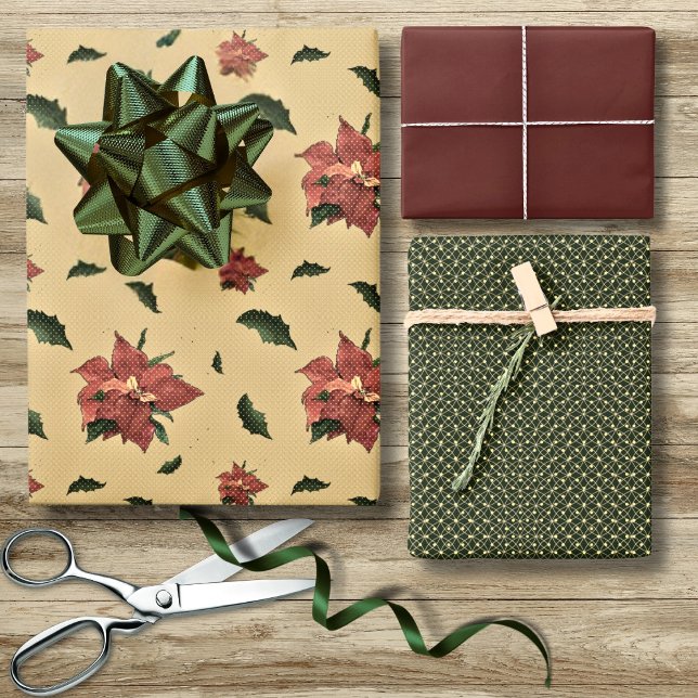Vintage Style Poinsettia Rustic Christmas  Wrapping Paper Sheet (Creator Uploaded)