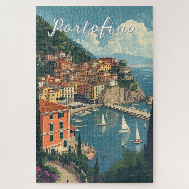 Vintage Style Portofino Genova Italy Jigsaw Puzzle (Vertical)