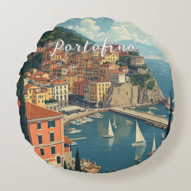 Vintage Style Portofino Genova Italy Round Cushion (Front)
