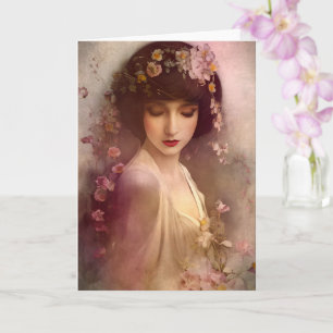 Vintage Style Portrait of Beautiful Floral Woman Card
