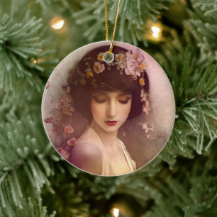 Vintage Style Portrait of Beautiful Floral Woman Ceramic Tree Decoration