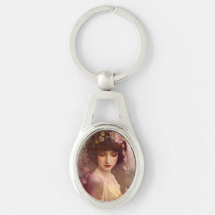 Vintage Style Portrait of Beautiful Floral Woman Key Ring