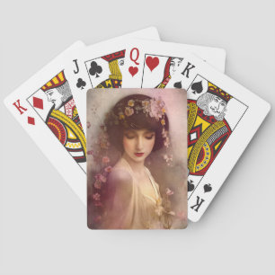 Vintage Style Portrait of Beautiful Floral Woman Playing Cards