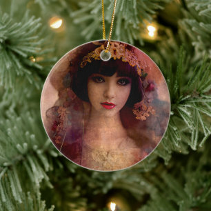 Vintage Style Portrait of Beautiful Woman in Pink Ceramic Tree Decoration
