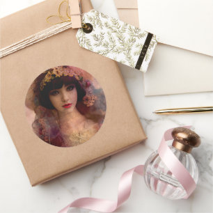 Vintage Style Portrait of Beautiful Woman in Pink Classic Round Sticker