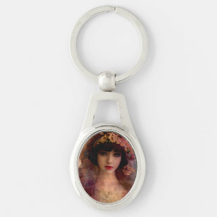 Vintage Style Portrait of Beautiful Woman in Pink Key Ring