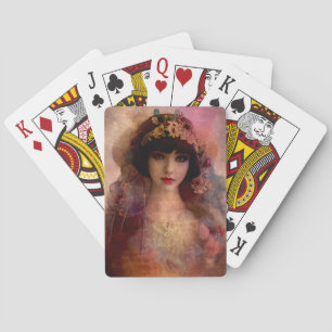 Vintage Style Portrait of Beautiful Woman in Pink Playing Cards
