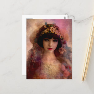 Vintage Style Portrait of Beautiful Woman in Pink Postcard