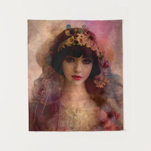Vintage Style Portrait of Beautiful Woman in Pink Tapestry