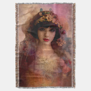 Vintage Style Portrait of Beautiful Woman in Pink Throw Blanket