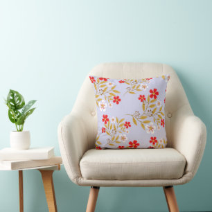 Vintage Style Pretty Red Flowers on Blue Pattern Cushion