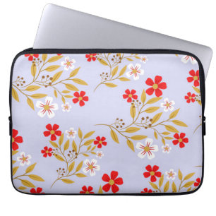 Vintage Style Pretty Red Flowers on Blue Pattern Laptop Sleeve