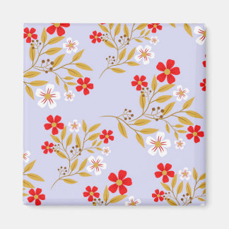 Vintage Style Pretty Red Flowers on Blue Pattern Magnet