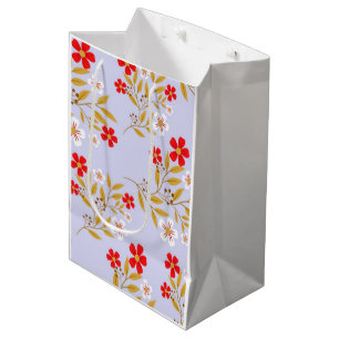 Vintage Style Pretty Red Flowers on Blue Pattern Medium Gift Bag