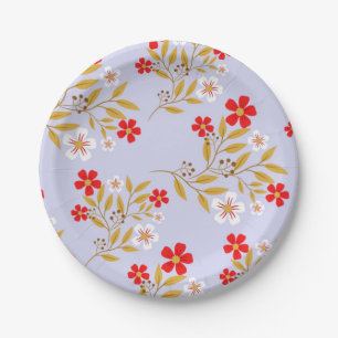 Vintage Style Pretty Red Flowers on Blue Pattern Paper Plate