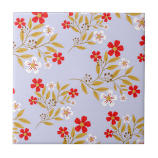 Vintage Style Pretty Red Flowers on Blue Pattern Tile