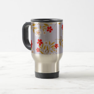 Vintage Style Pretty Red Flowers on Blue Pattern Travel Mug