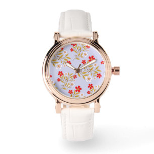 Vintage Style Pretty Red Flowers on Blue Pattern Watch