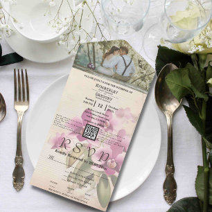Vintage Style Purple Orchid Floral QR Code Photo All In One Invitation