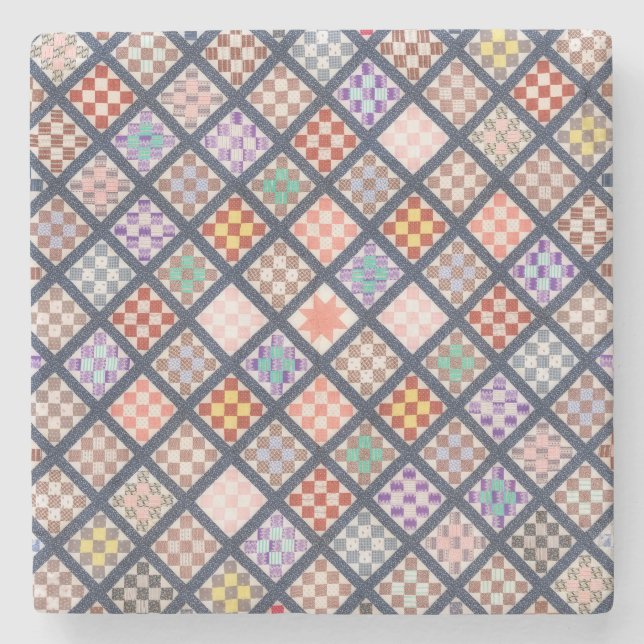 Vintage Style Quilt Squares Art Marble Stone Coaster (Front)