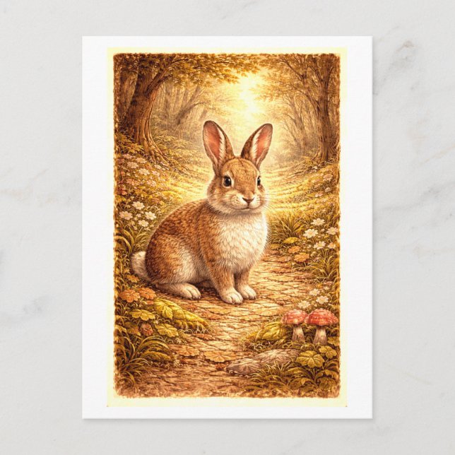 Vintage-Style Rabbit in Forest Illustration Postcard (Front)