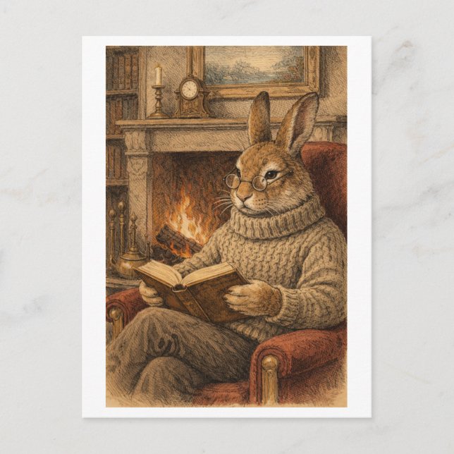 Vintage-Style Rabbit Reading a Book Postcard (Front)