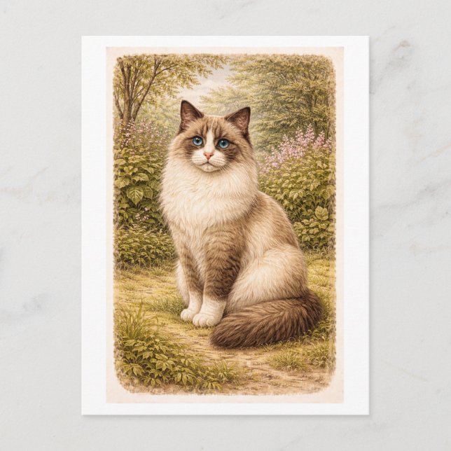 Vintage-Style Ragdoll Cat Illustration Postcard (Front)