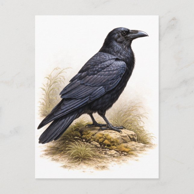 Vintage-Style Raven Illustration Postcard (Front)