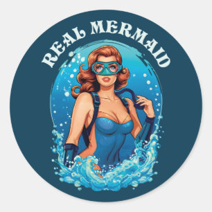 Vintage Style Real Mermaid - Female Scuba Diver Classic Round Sticker