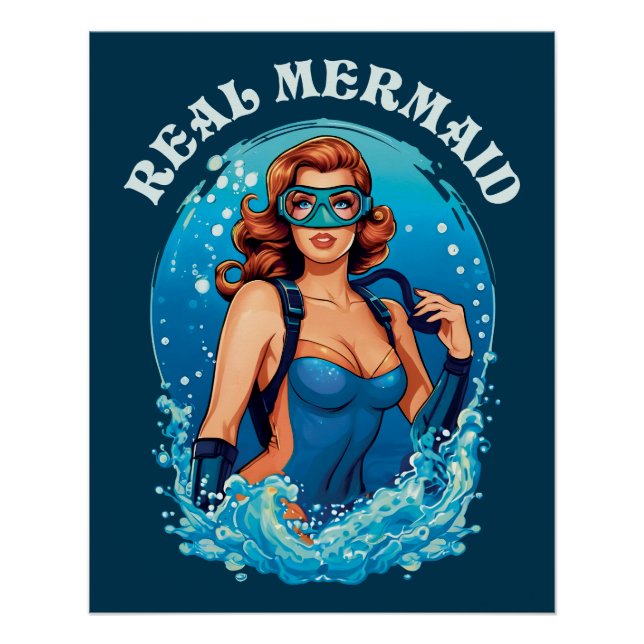 Vintage Style Real Mermaid - Female Scuba Diver Poster (Front)