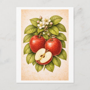 Vintage-Style Red Apple Botanical Illustration Postcard