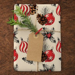 Vintage Style Red Christmas Ornaments Rustic Wrapping Paper