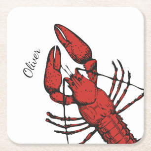 Vintage style red lobster design square paper coaster